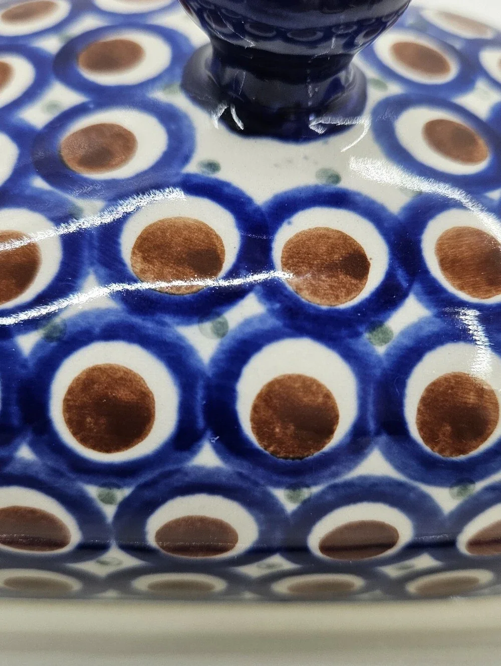 Boleslawiec Polish Pottery Peacock Butter Dish Blue Brown Circles Covered Large